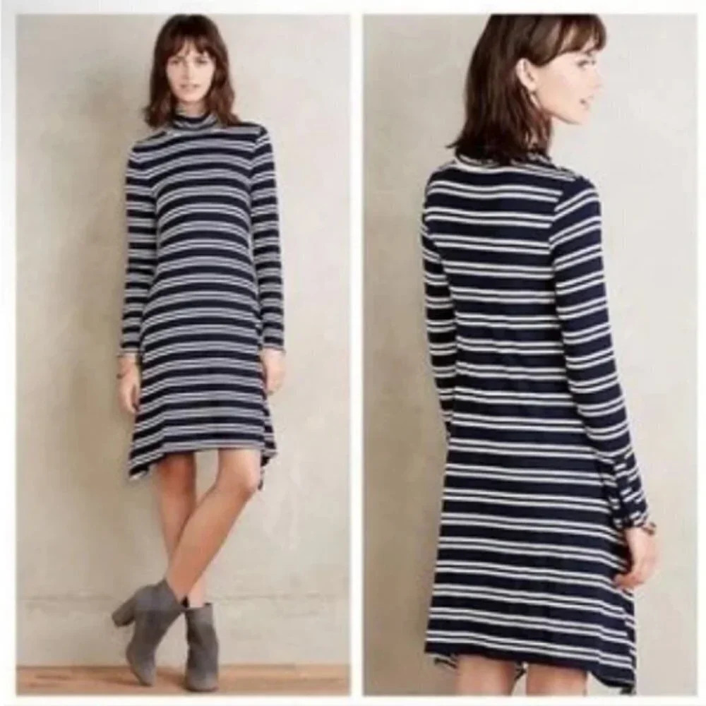 Maeve Anthropologie Dress, Medium,Navy & White Striped Turtleneck, Sharkbite Hem
